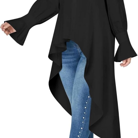 Women’s Button Down Long Sleeve Asymmetric Ruffle High Low Hem Blouse Shirt Top - Picture 2 of 3